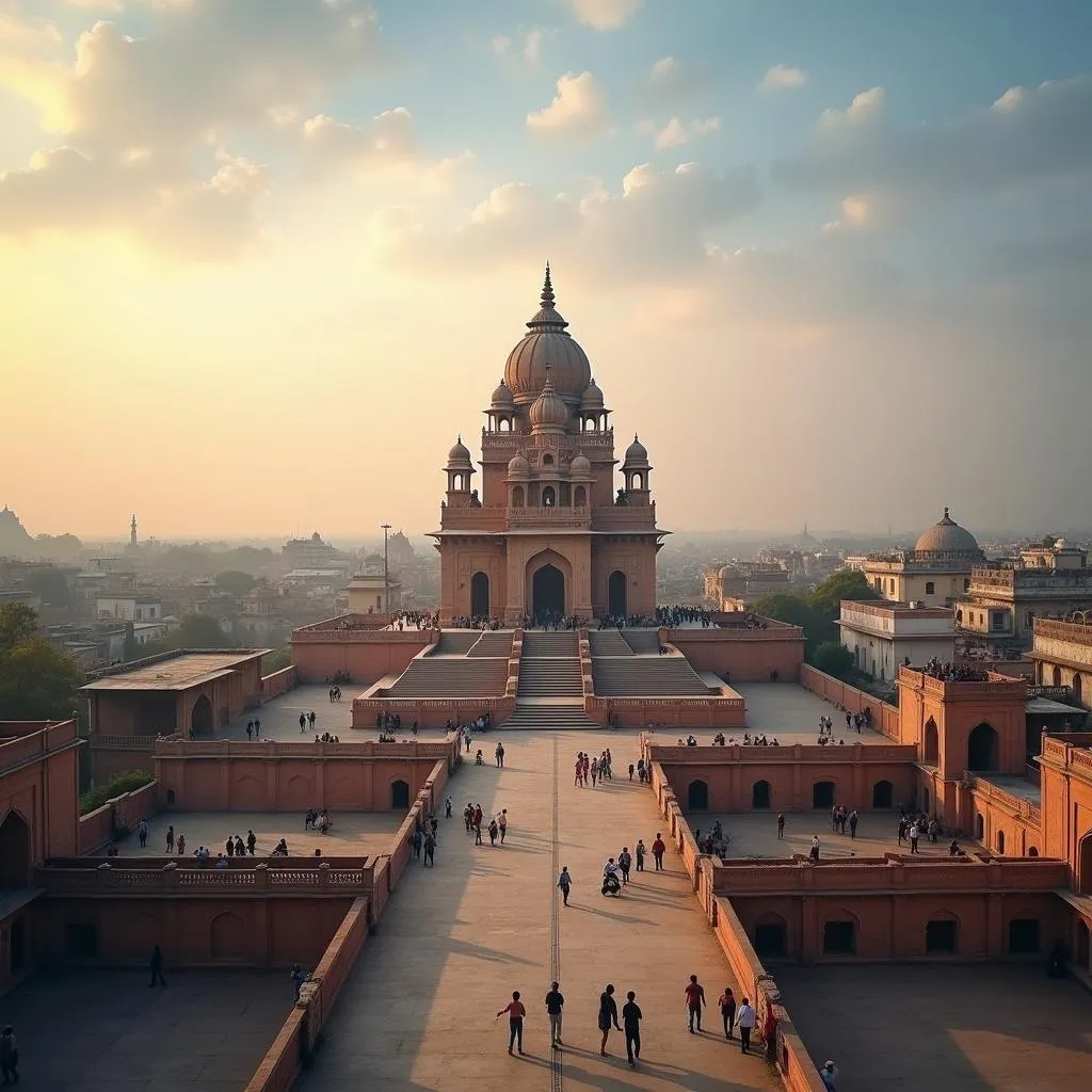 Panoramic view of Ayodhya city with prominent temple in the foreground