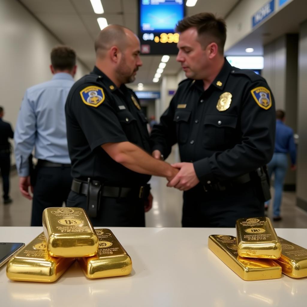 Two individuals being apprehended by security personnel at an airport, with confiscated gold bars laid out on a table.