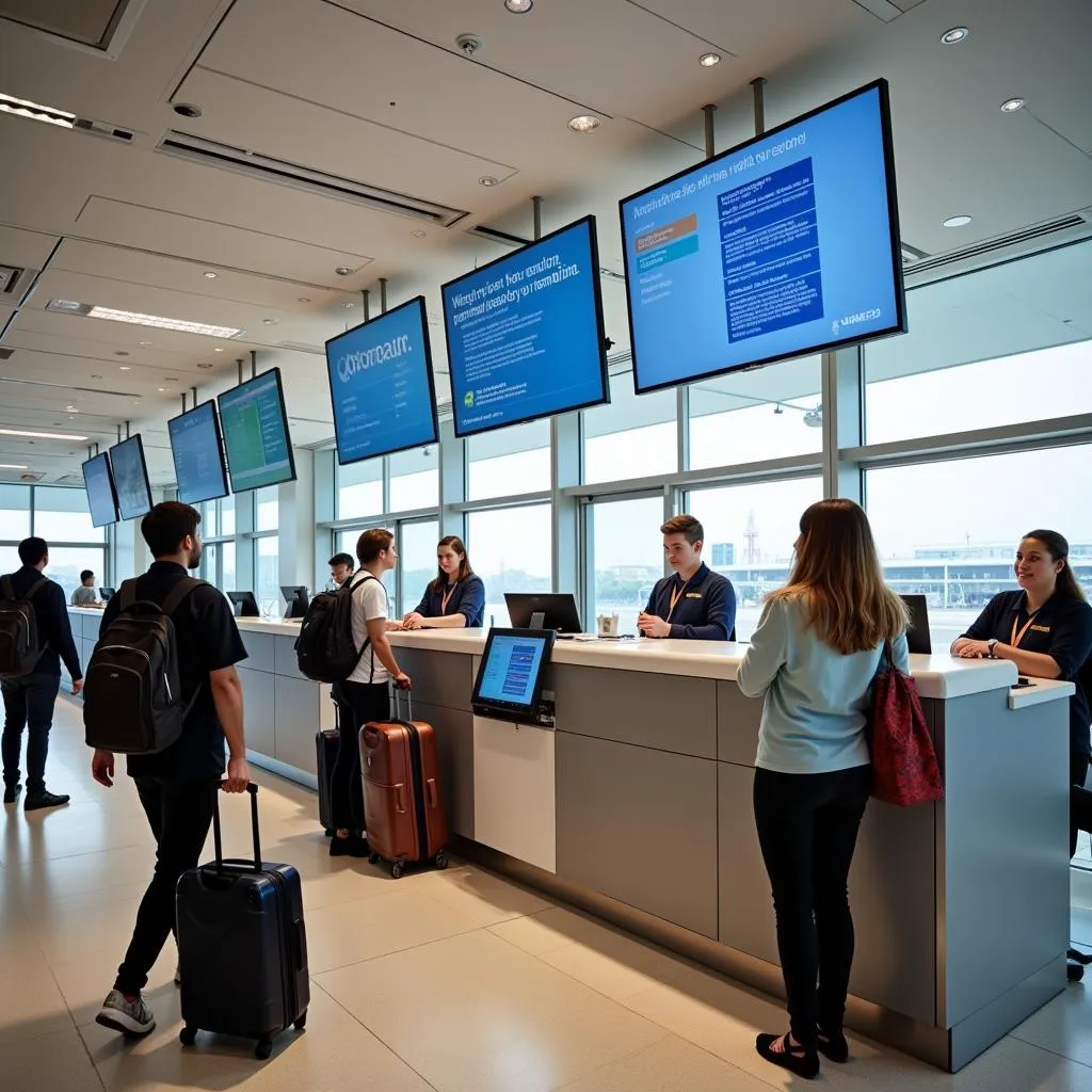 Friendly staff assisting travelers at Brindisi Airport information desk