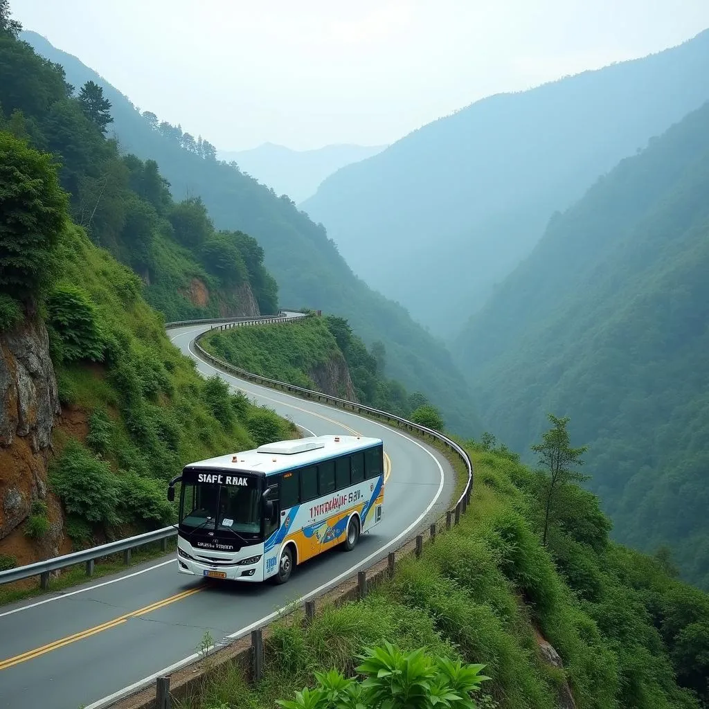 A Uttarakhand state bus navigating the scenic hills