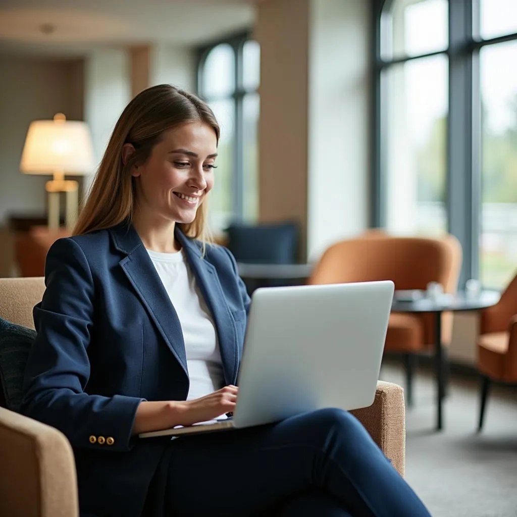 Business traveler working in a hotel lounge near Delhi airport