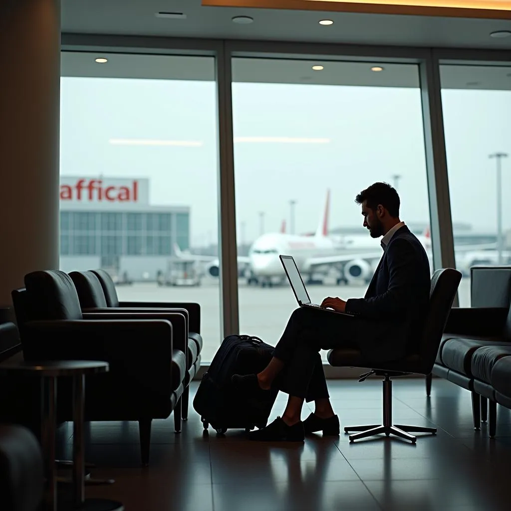 Business Traveler Working in Abu Dhabi Airport Lounge