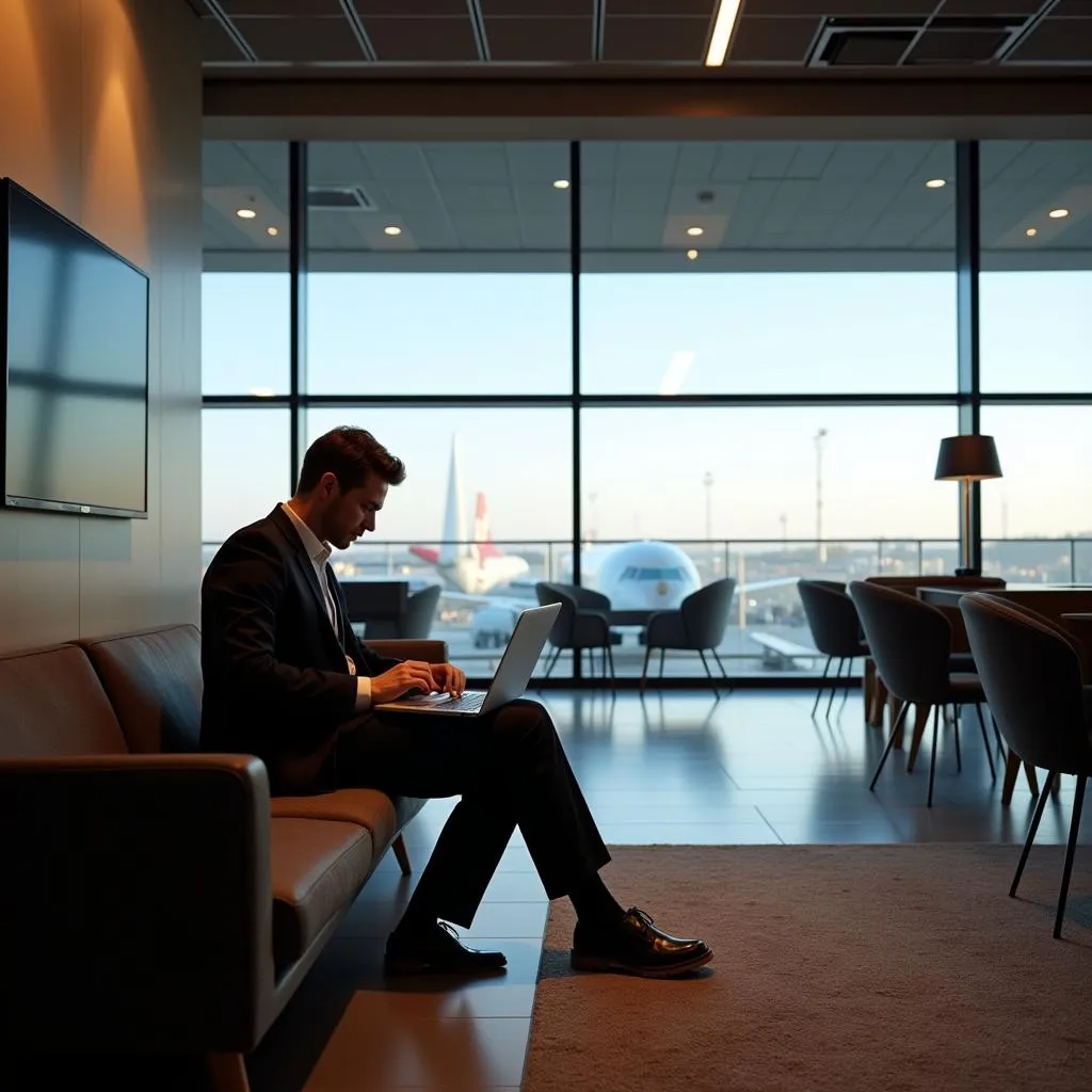 Business Traveler at an Airport Hotel Lounge