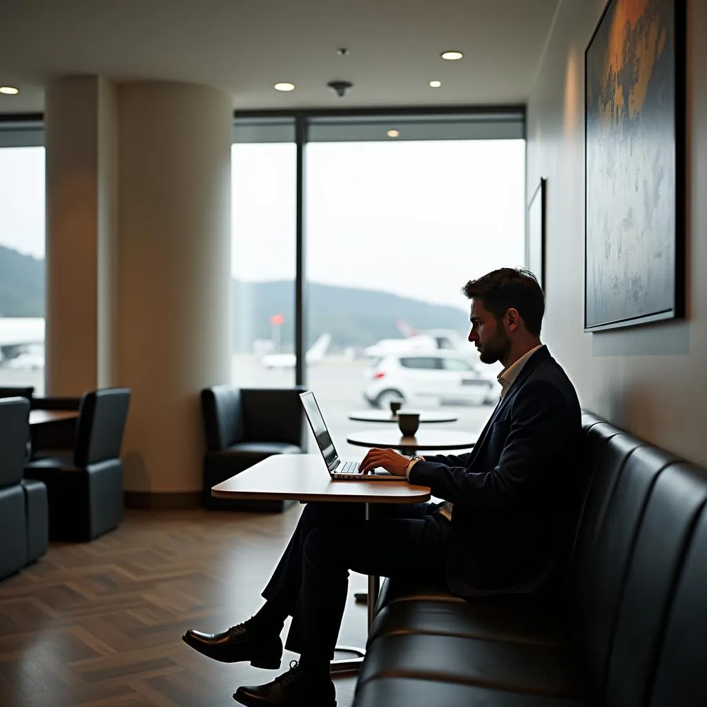 Business traveler working in a Zurich Airport lounge