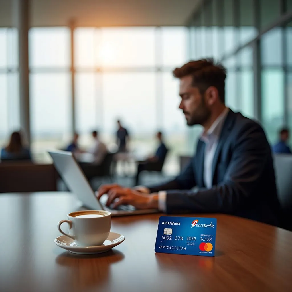 A businessman relaxing in an airport lounge, using a laptop with his ICICI Bank debit card placed on the table.