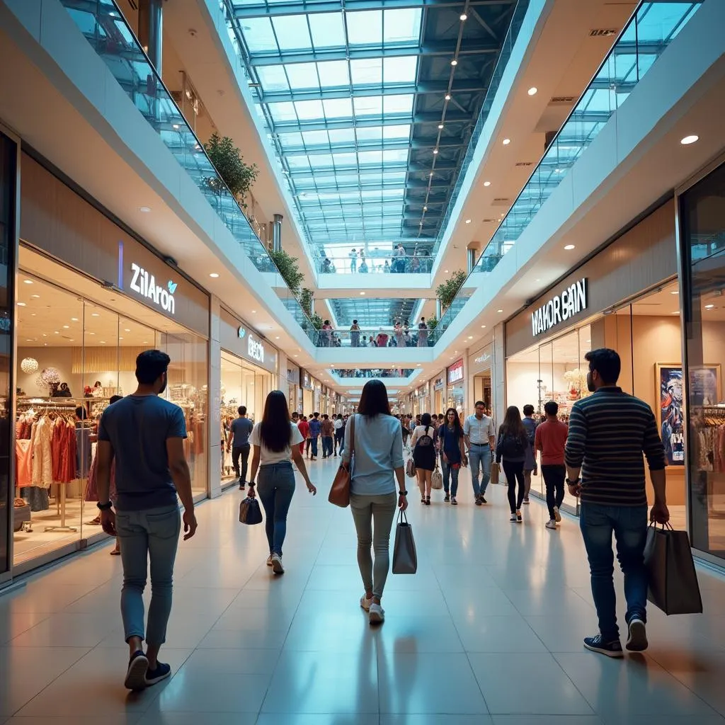 Crowded shopping mall with various stores and people shopping