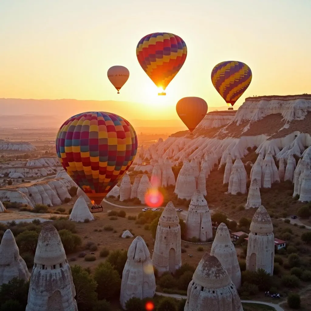 Hot air balloons soaring over Cappadocia landscape