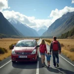 A family enjoying a scenic road trip in New Zealand