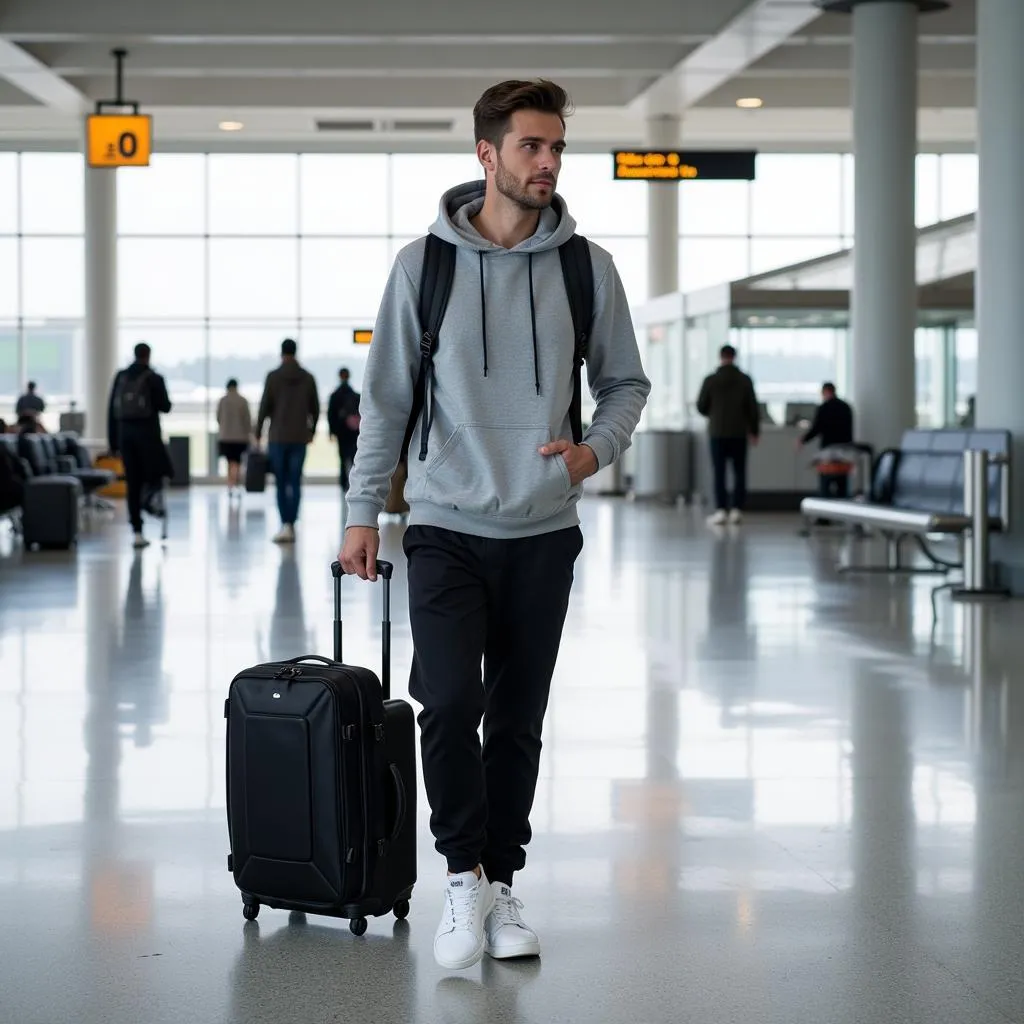 Casual airport look for men featuring joggers and a hoodie