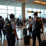 Chennai Airport security personnel conducting passenger screening.