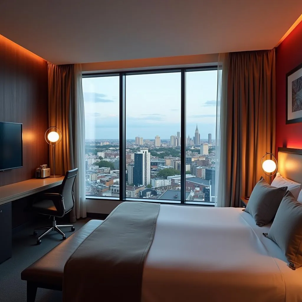 Modern guest room with a city view at citizenM Amsterdam Airport