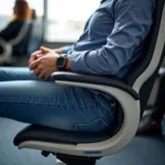 Close-up of a passenger relaxing in a cushioned airport chair