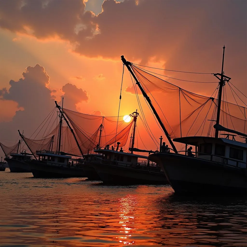 Iconic Chinese Fishing Nets at Sunset in Cochin