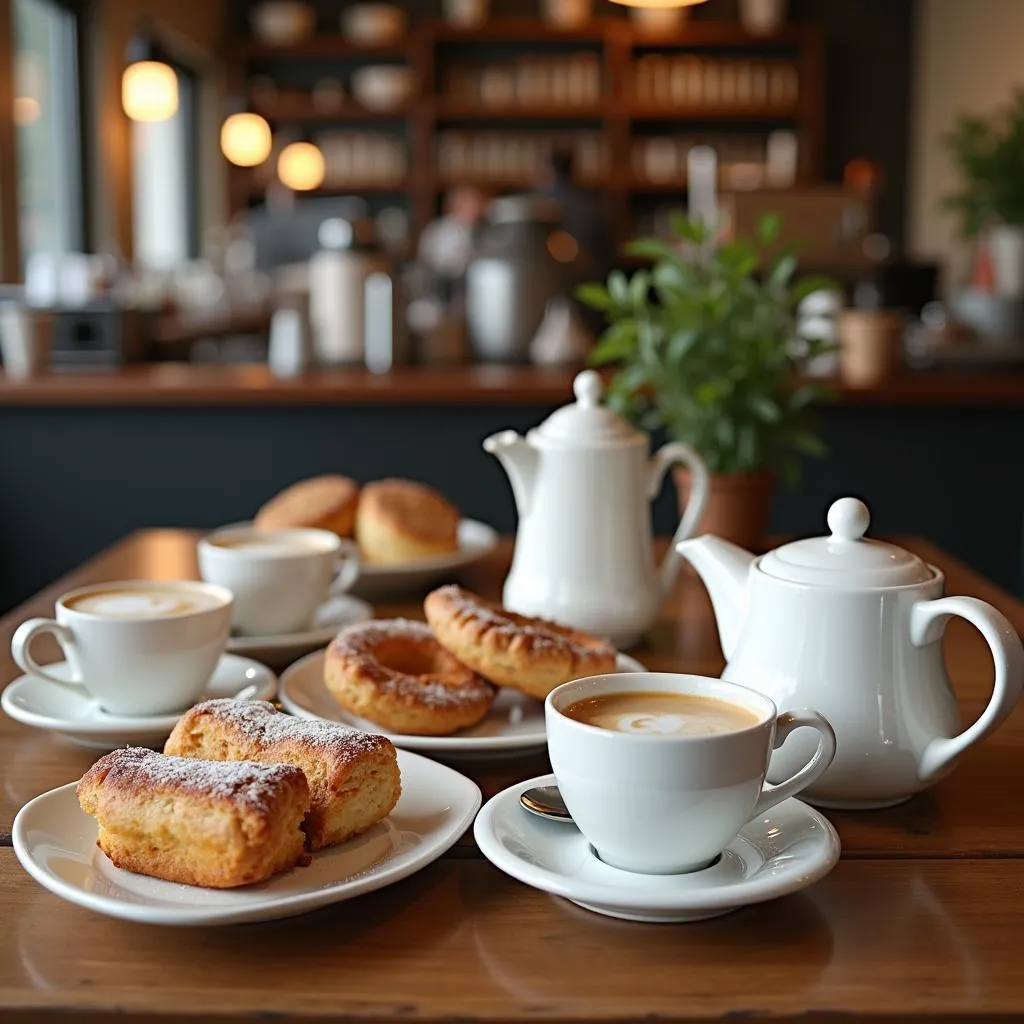 Assortment of coffee, tea, and pastries beautifully arranged on a cafe table