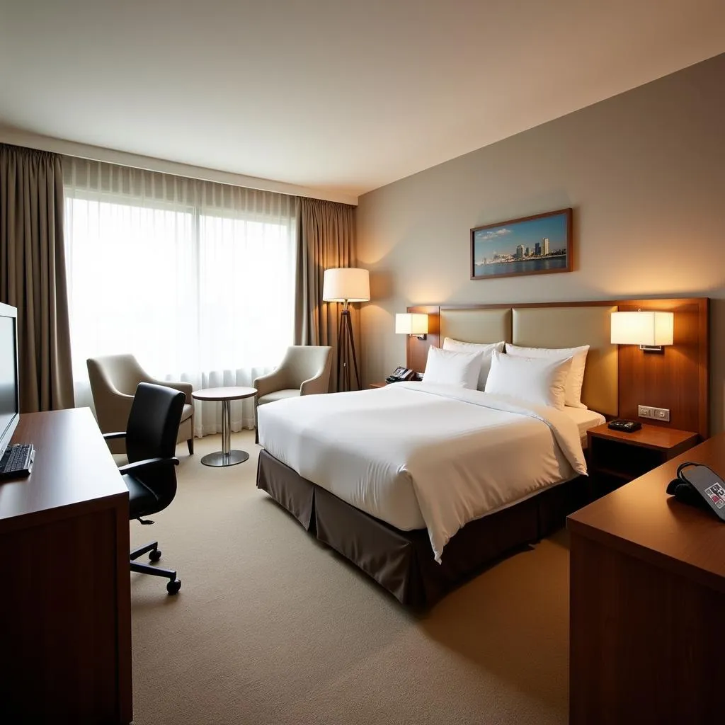 Modern hotel room with amenities, ideal for travelers near LKO Airport.