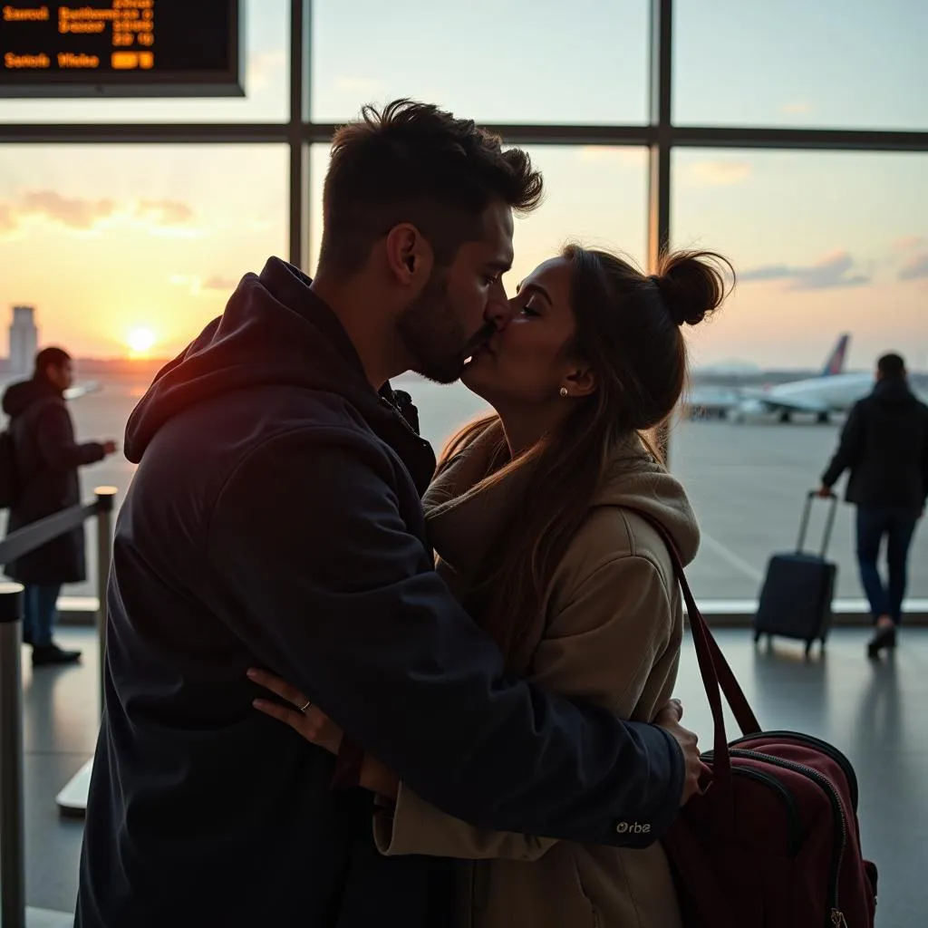 Couple Kissing at Airport Departure Gate