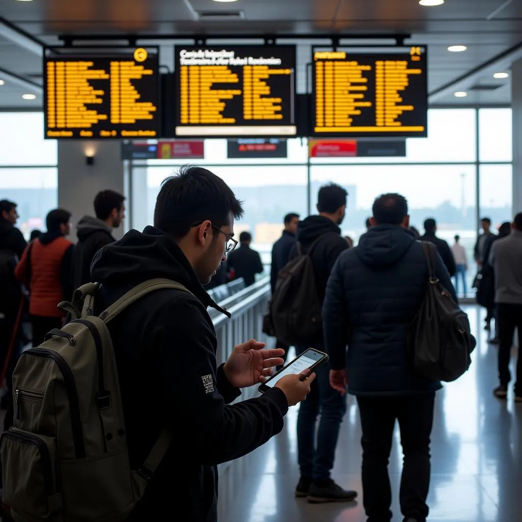 Passengers checking COVID-19 test requirements at Delhi Airport