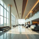 A view of the modern and spacious interior of Delhi Airport Terminal 4, showcasing the sleek design and comfortable seating areas.