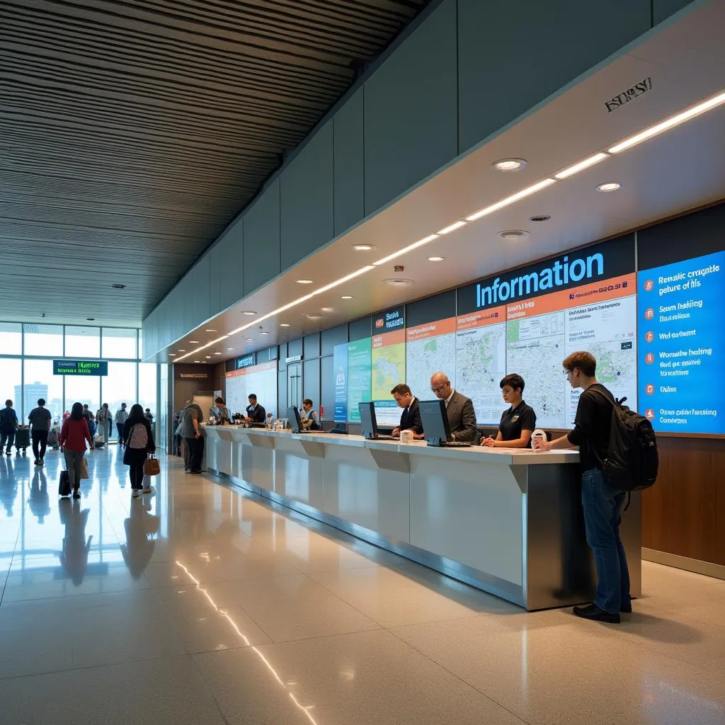 Information Desk at the airport terminal with staff assisting travelers