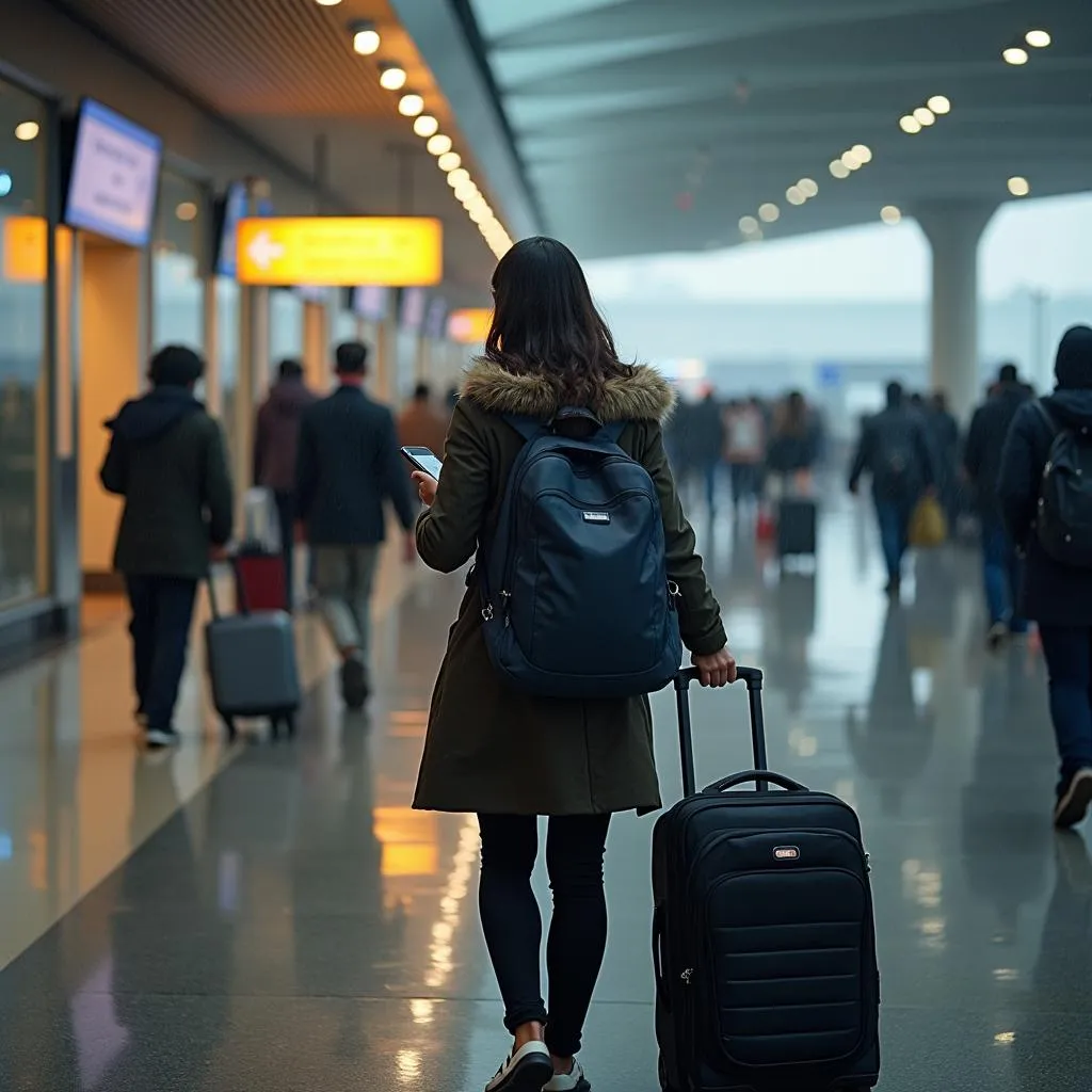 Traveler at Delhi airport during rain