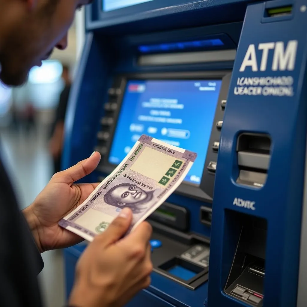 Traveler Withdrawing Cash from an ATM at Delhi Airport