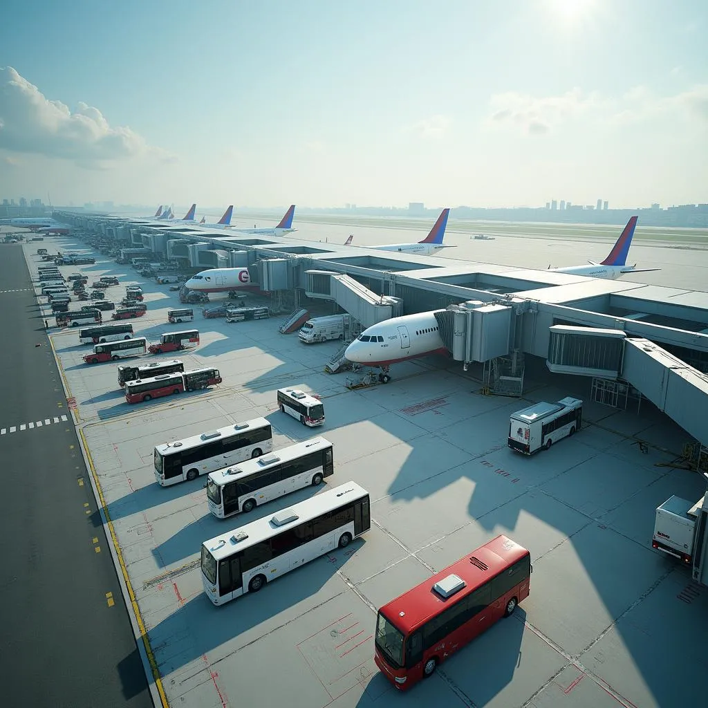 Aerial view of an airport terminal with multiple gates and aircraft.