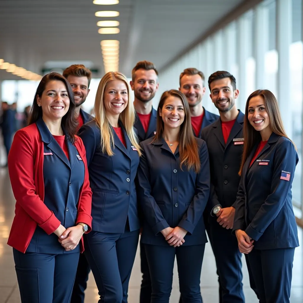 A diverse group of airport staff in uniform smiling and looking at the camera.