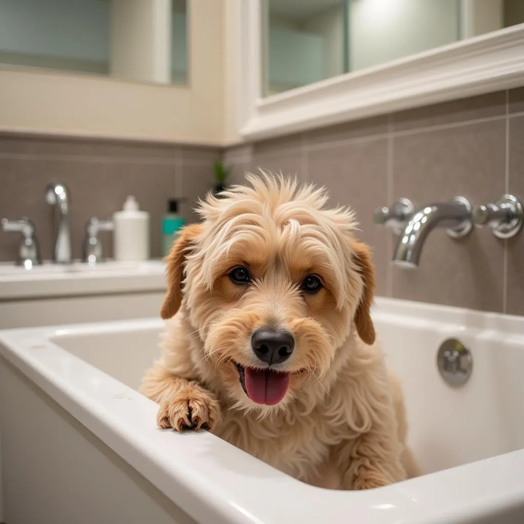 A dog being pampered with a bath at a hotel spa