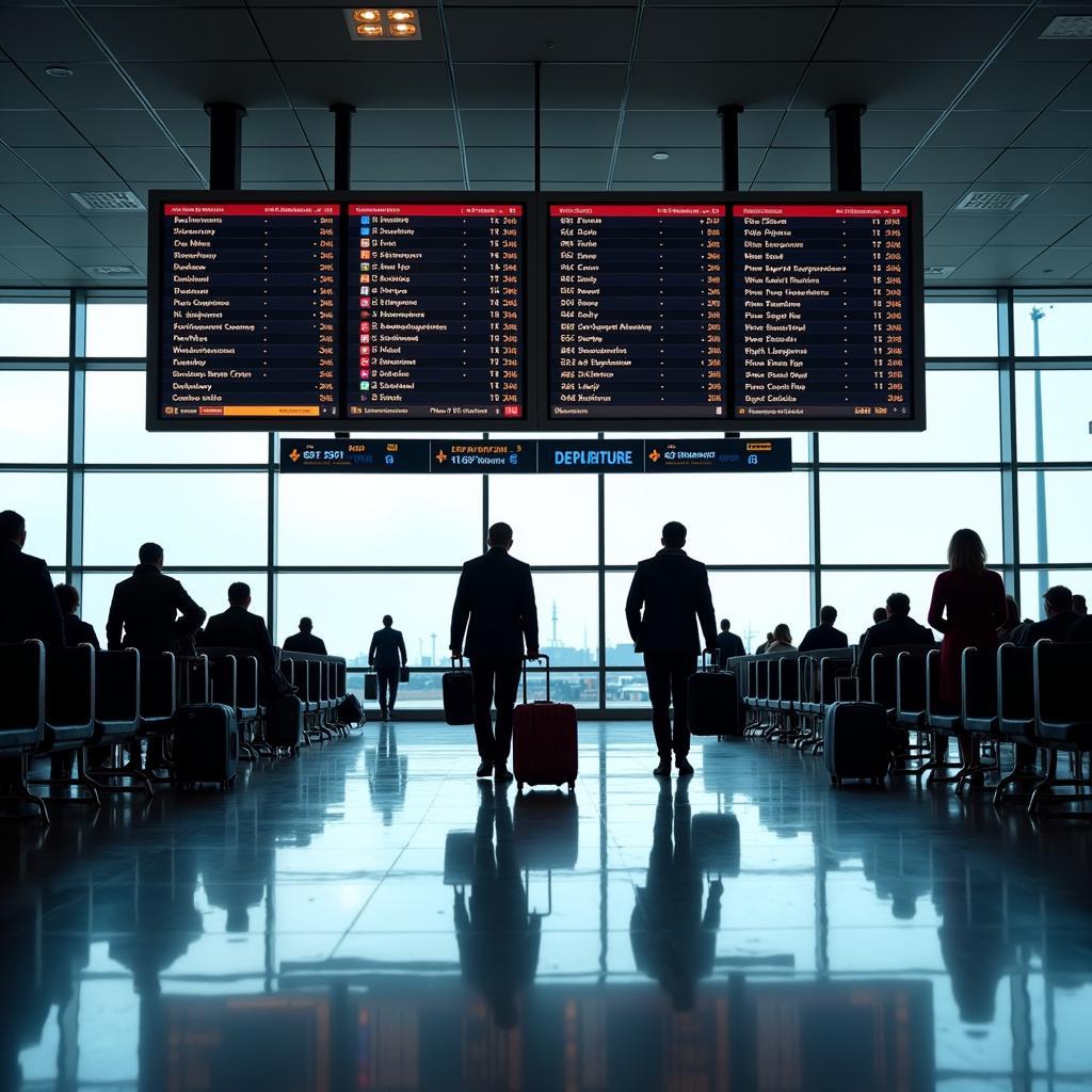 Passengers at a bustling domestic airport departure gate