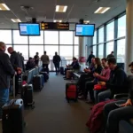 Passengers waiting at a departure gate in a domestic terminal