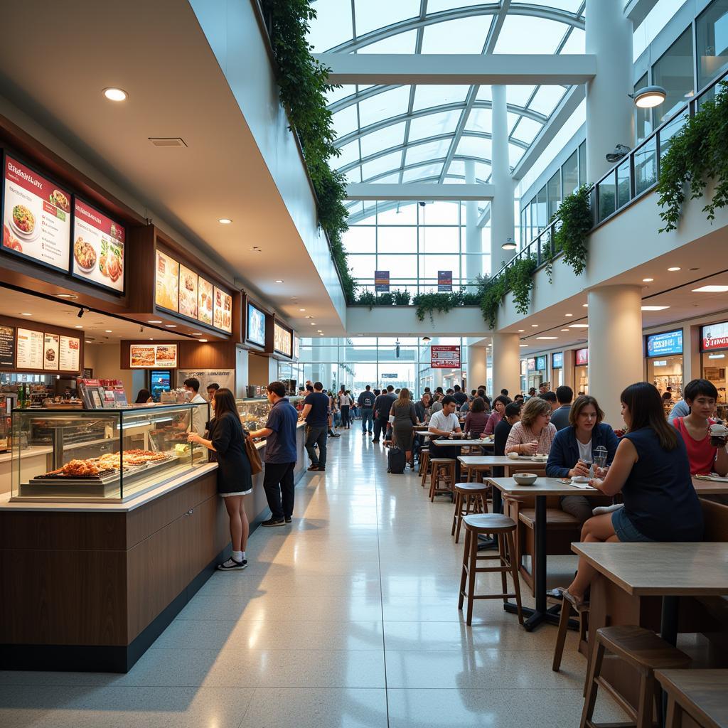 Travelers enjoying a meal at the domestic terminal food court