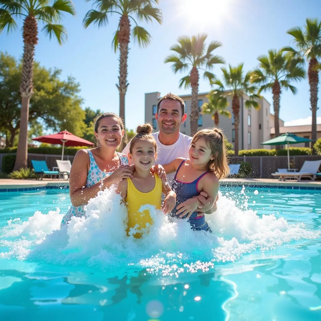 Family enjoying a hotel pool with the airport in the distance