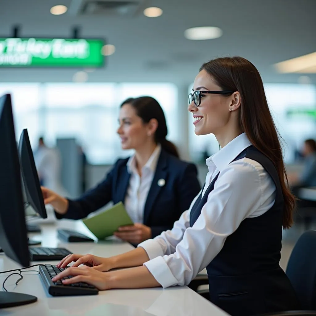 Ticketing and reservation agent assisting passenger