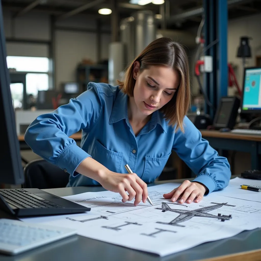 Female Aviation Engineer Working on Aircraft Design