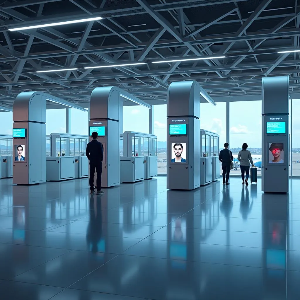 Futuristic airport gate with biometric scanners for seamless passenger processing.