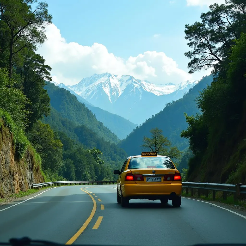 Taxi on winding mountain road leading to Bagdogra Airport