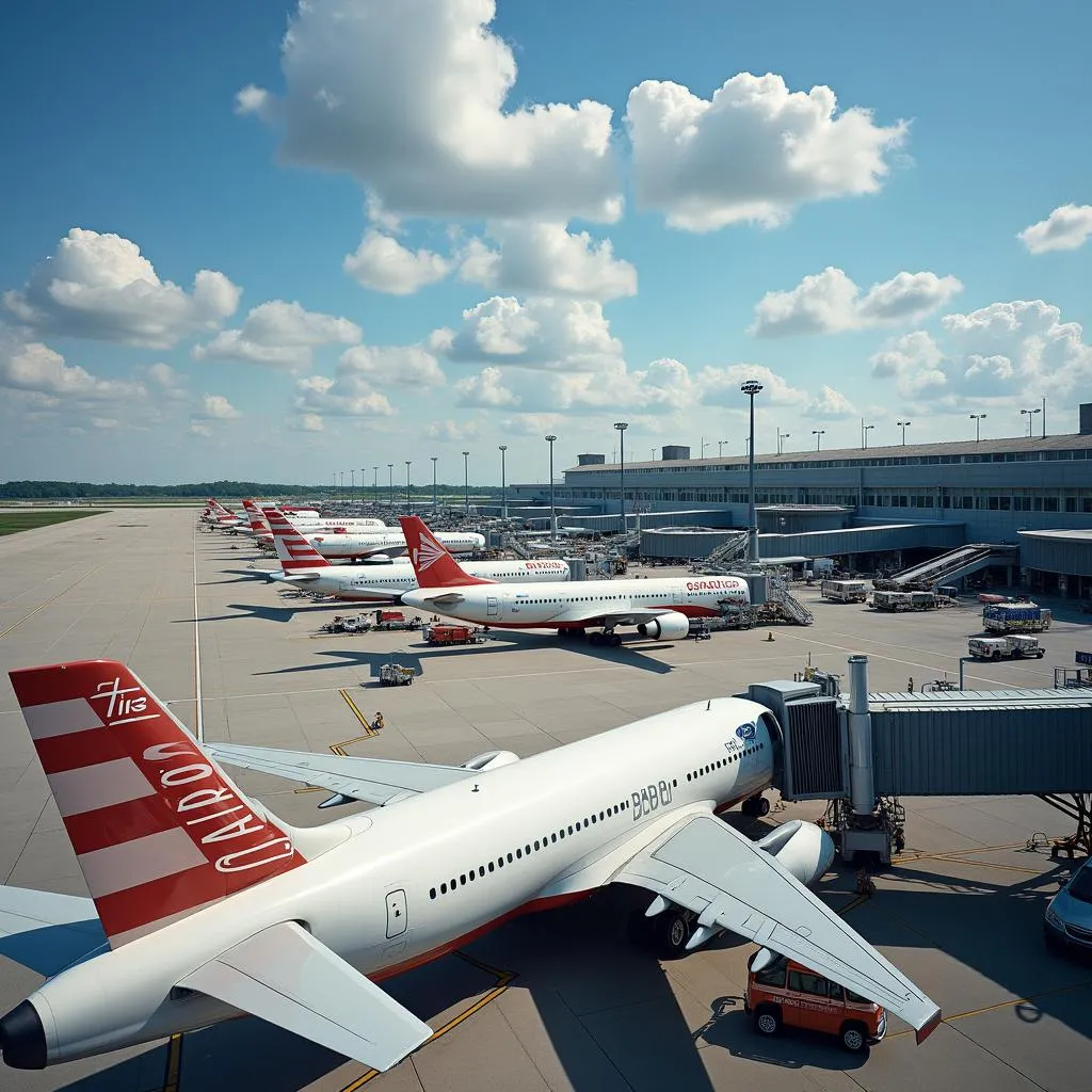 Modern airport terminal building with planes at the gates