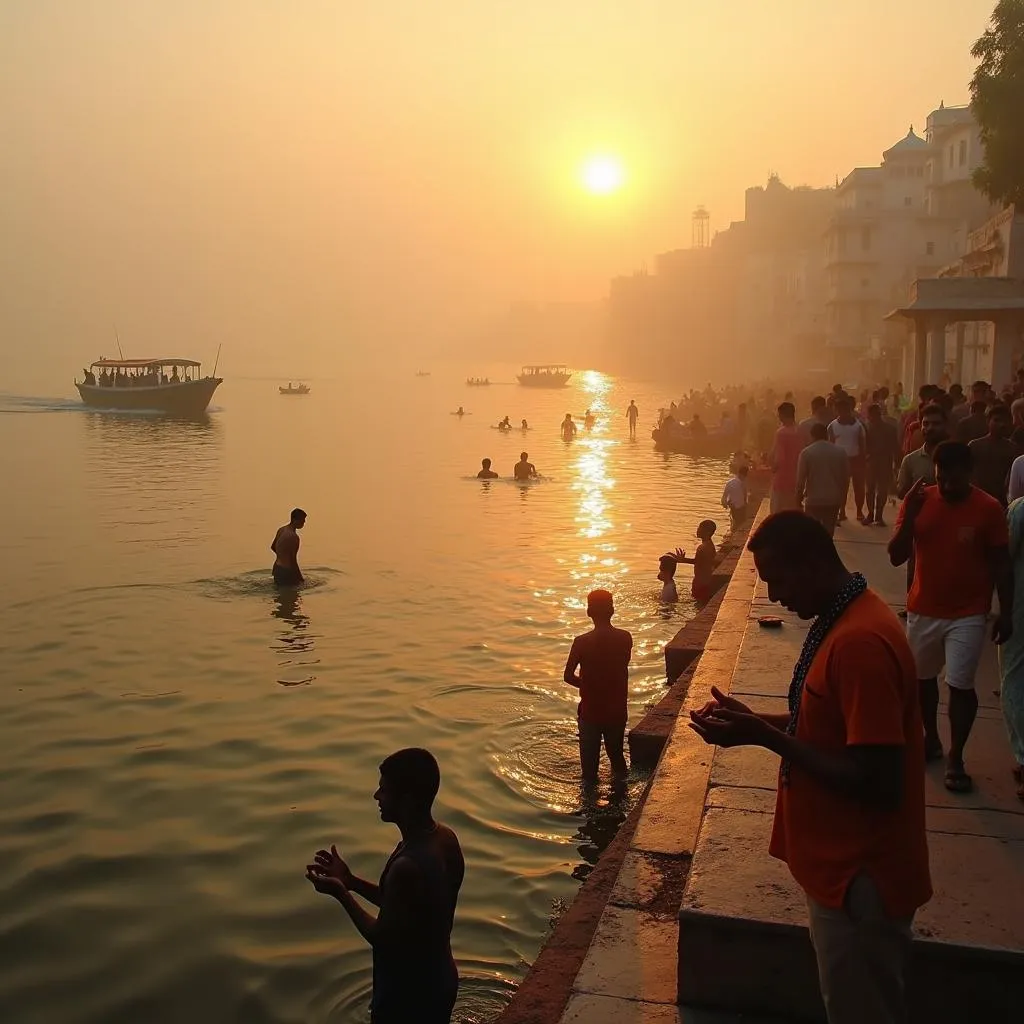 Panoramic view of the sacred Ganges River and the Ghats of Varanasi at sunrise, with pilgrims performing rituals.