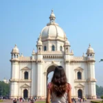 A girl standing in front of the Victoria Memorial in Kolkata, admiring its architecture and grandeur.