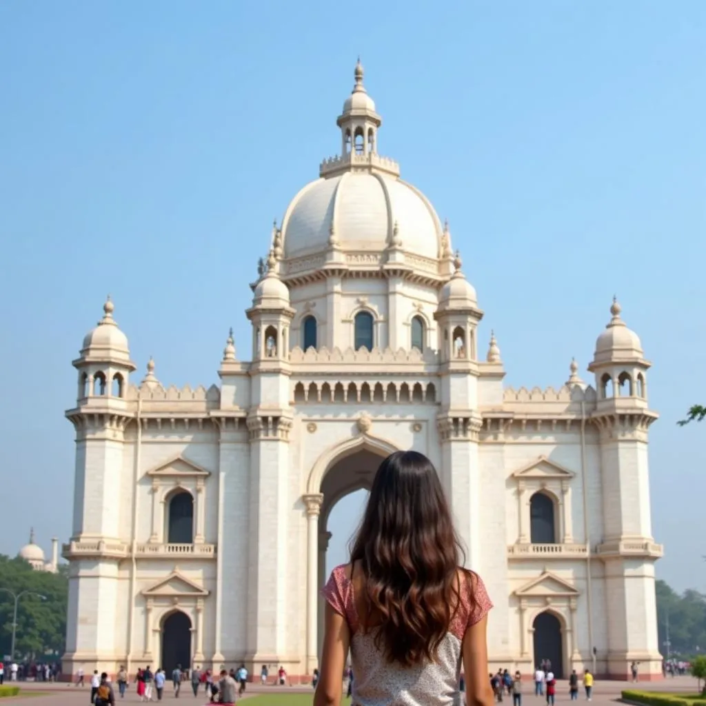 A girl standing in front of the Victoria Memorial in Kolkata, admiring its architecture and grandeur.