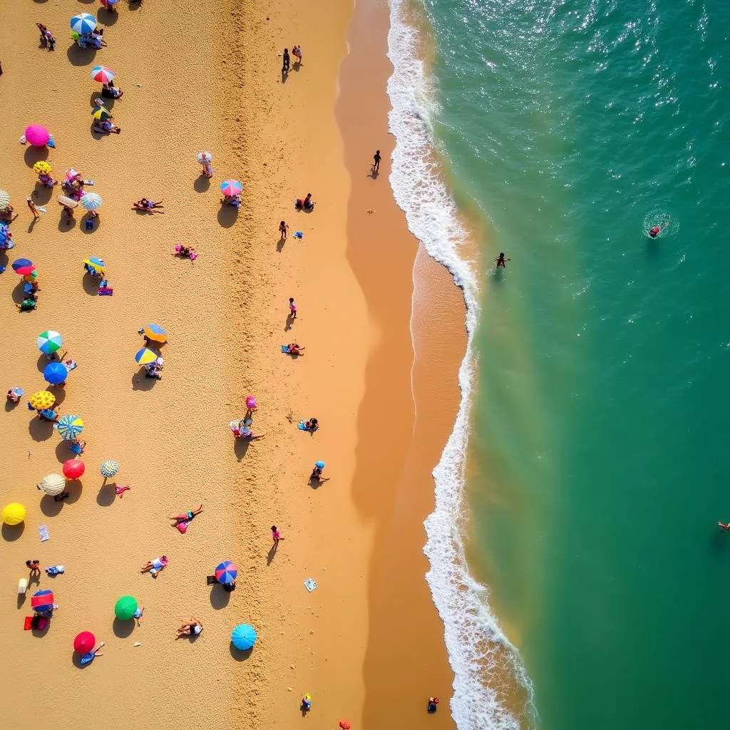 Aerial view of a crowded Goa beach with tourists and activities