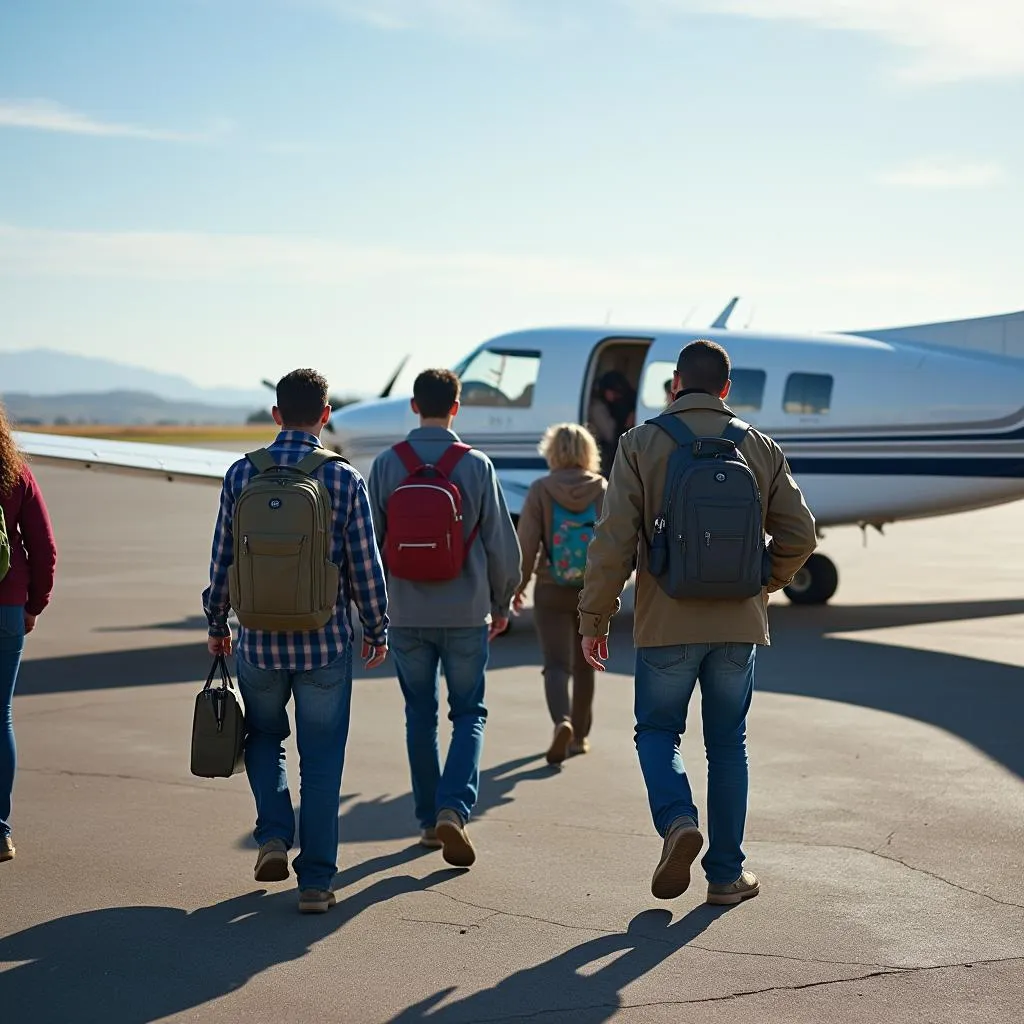 A group of people boarding a small plane at an unserved airport, with luggage being loaded and a pilot conducting pre-flight checks.