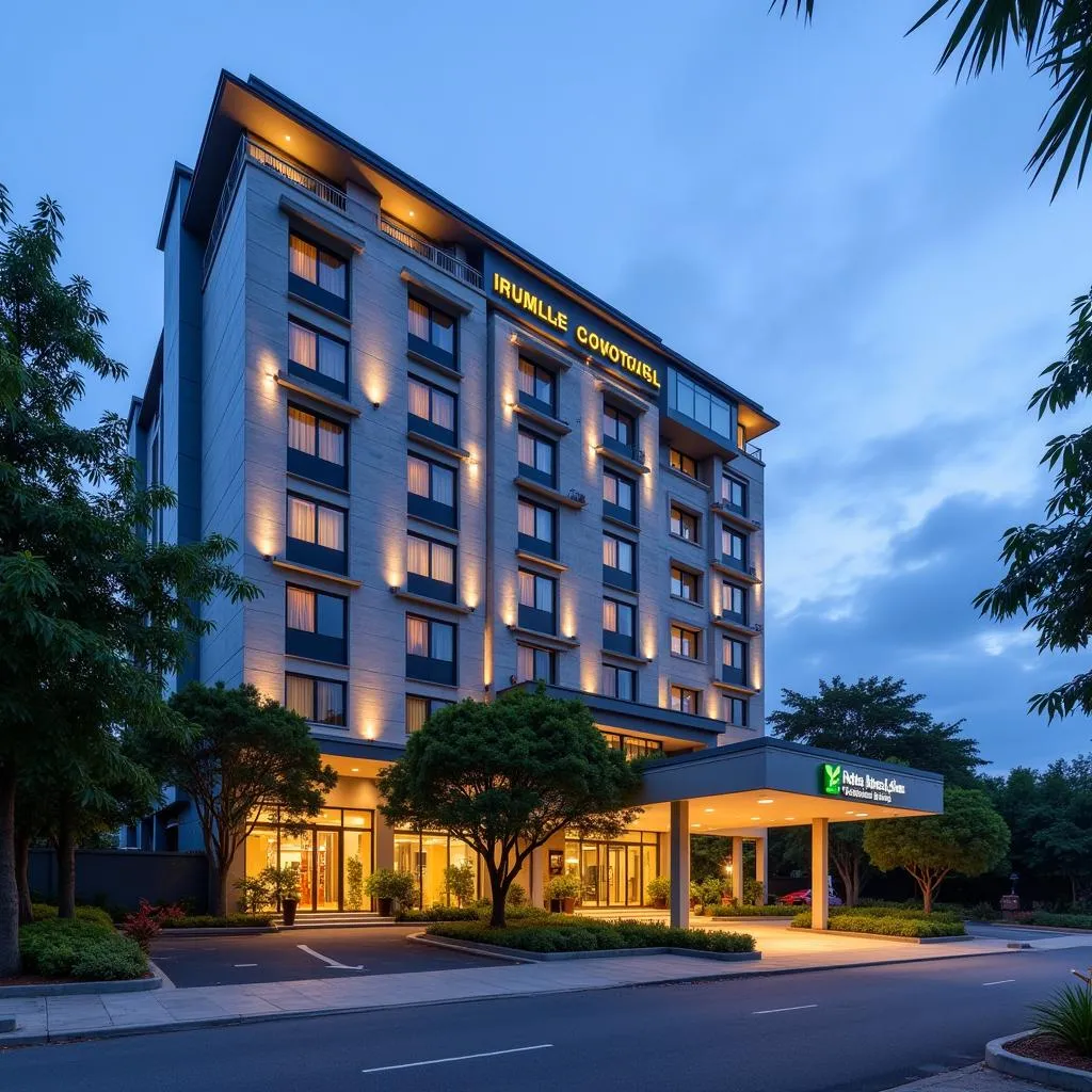 Modern hotel exterior with lush greenery near Hanoi airport