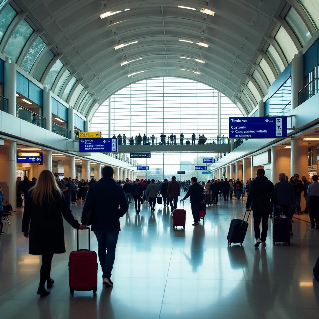 Heathrow Airport terminal arrivals area with passengers and signage.