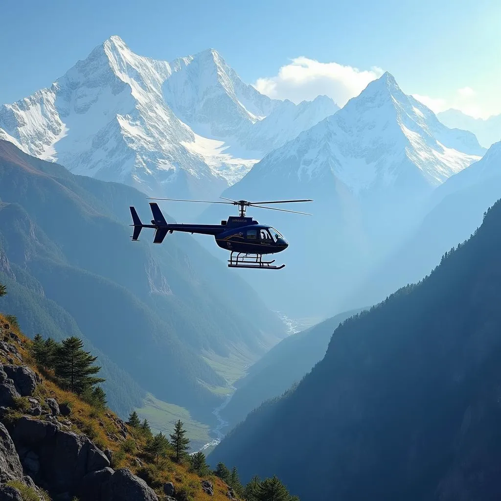 Helicopter flight over Himalayan mountains to Bagdogra Airport