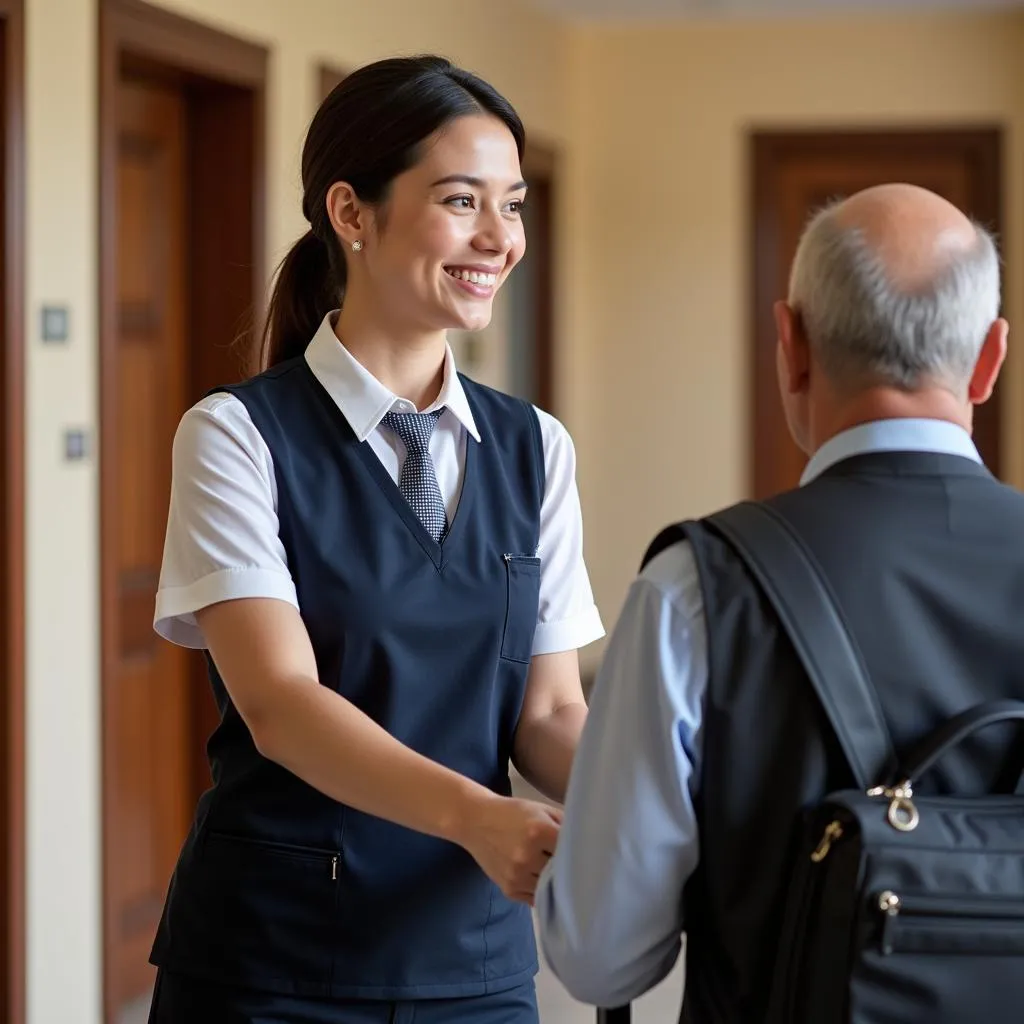 Friendly hotel concierge assisting guest with luggage