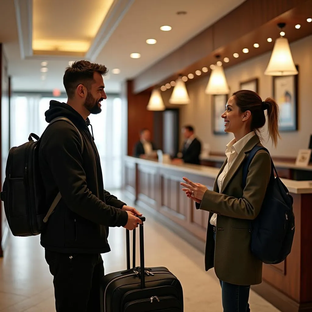 Hotel concierge assisting guests with luggage and providing information