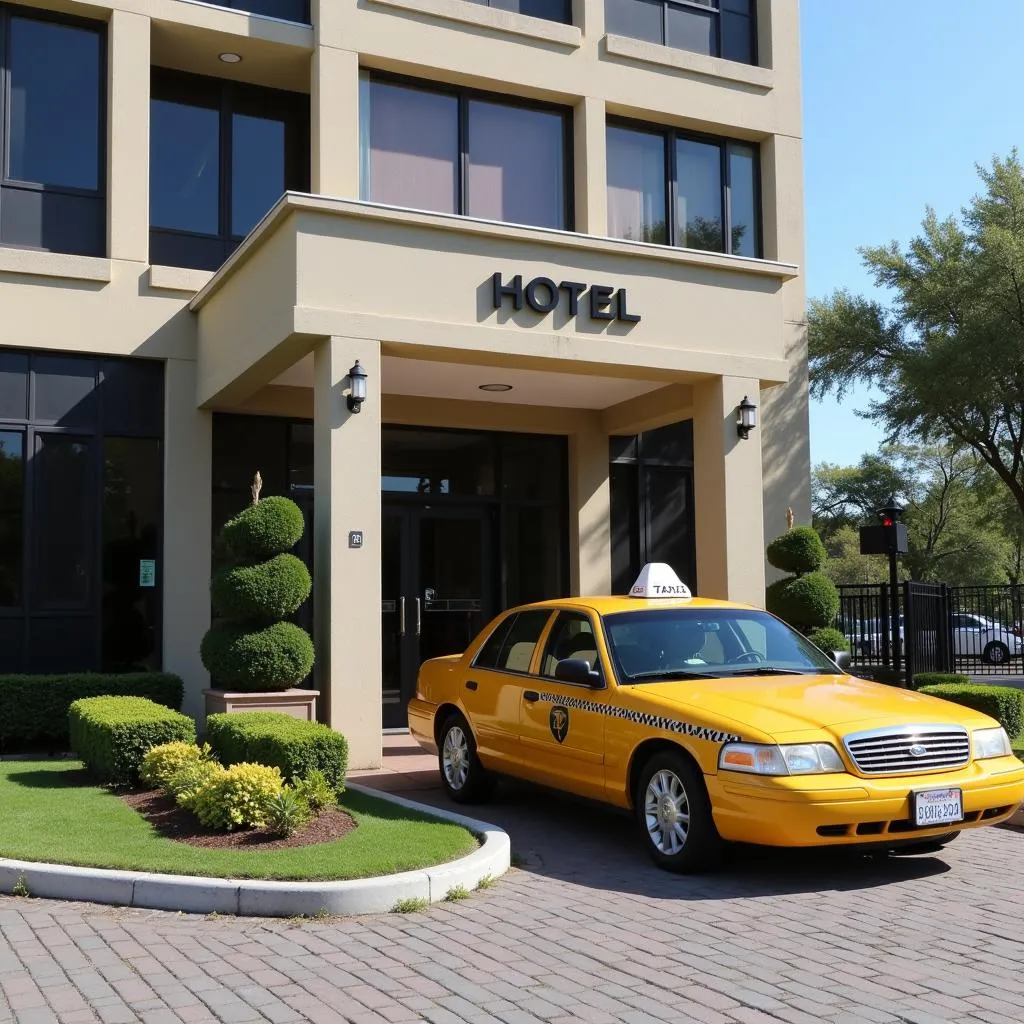 Exterior view of a hotel near LKO Airport with a taxi in the foreground, highlighting convenient transportation options for guests.