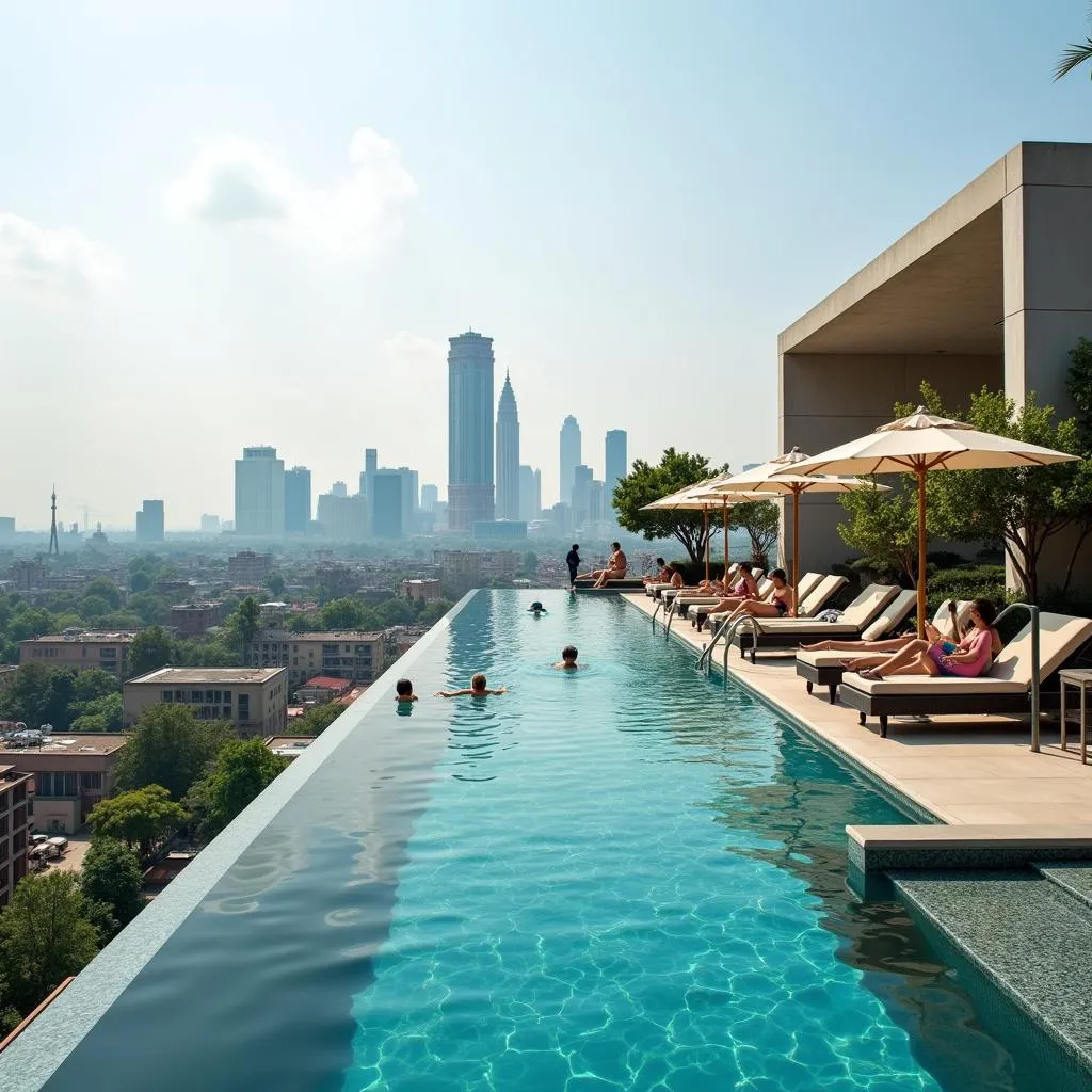 Guests enjoying a rooftop pool with a view of Delhi