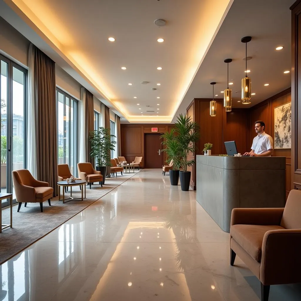 Bright and welcoming hotel lobby with friendly staff assisting guests near Kolkata Airport